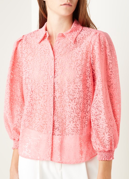 Mint Velvet Blouse met pofmouw en bloemenprint - detail koraalroze