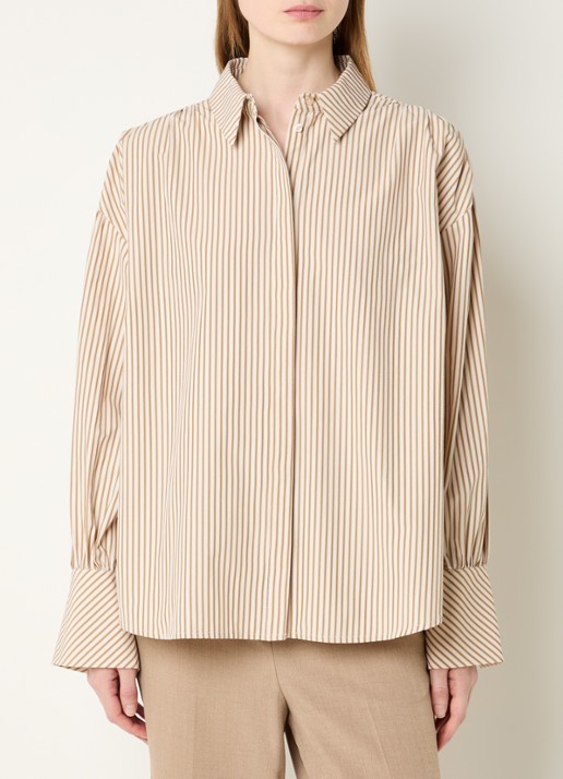 Modström Baldvin blouse met trompetmouw en streepprint - detail 4 donkerbeige