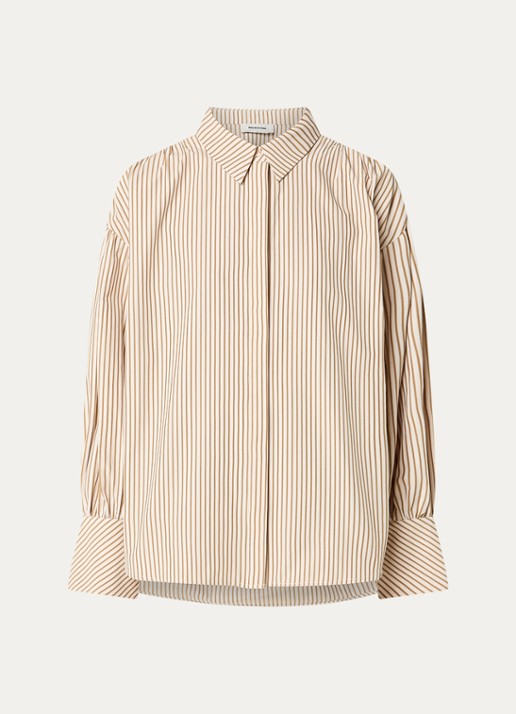 Modström Baldvin blouse met trompetmouw en streepprint - voorkant 2 donkerbeige