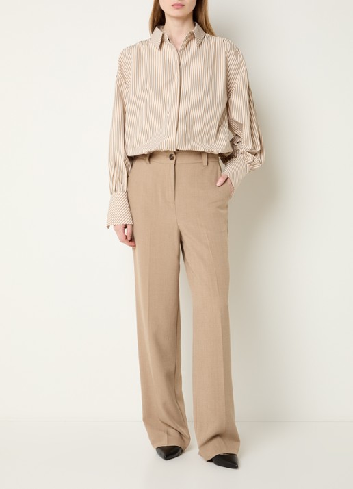 Modström Baldvin blouse met trompetmouw en streepprint - voorkant 3 donkerbeige