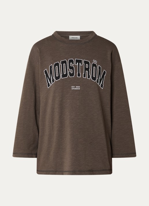 Modström Bamboo T-shirt met logoprint - voorkant hazelnootbruin