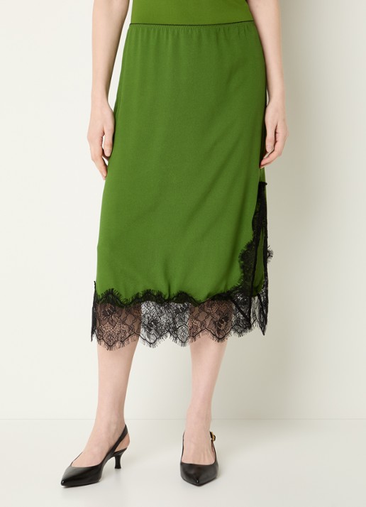 Modström Birk midi rok van satijn met details van kant - detail groen