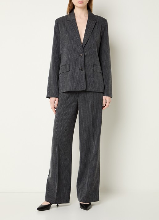 Modström Birna mid waist wide fit pantalon met krijtstreep - voorkant 3 antraciet