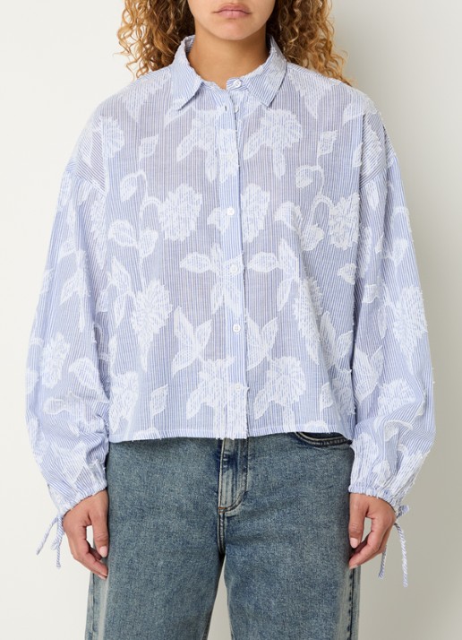 Modström Christan blouse met streepprint en bloemborduring - detail 4 blauw