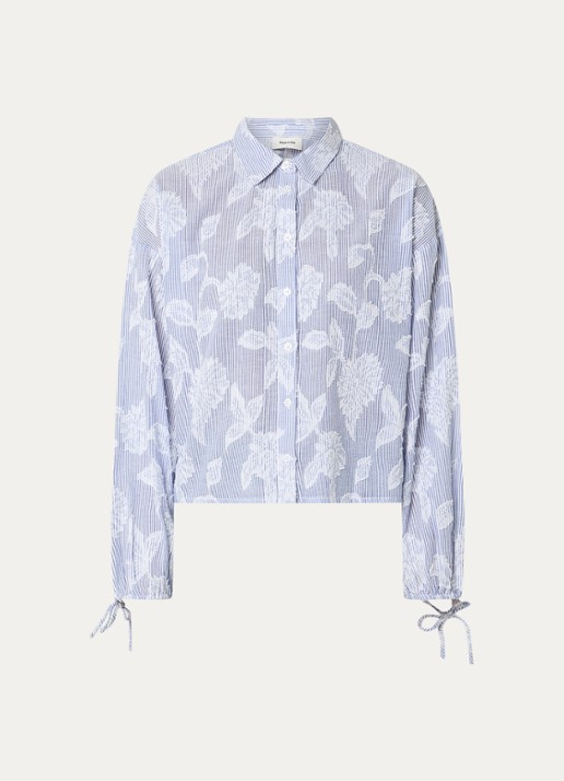 Modström Christan blouse met streepprint en bloemborduring - voorkant blauw