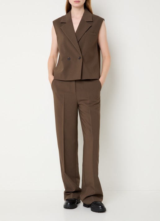 Modström Gale high waist straight fit pantalon met steekzakken en persplooi - voorkant 2 khaki