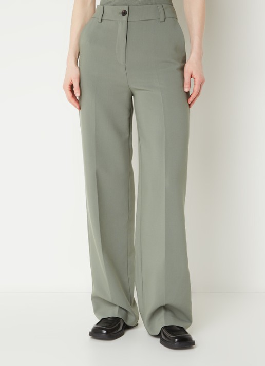 Modström Gale high waist straight fit pantalon met steekzakken en persplooi - detail 4 olijfgroen