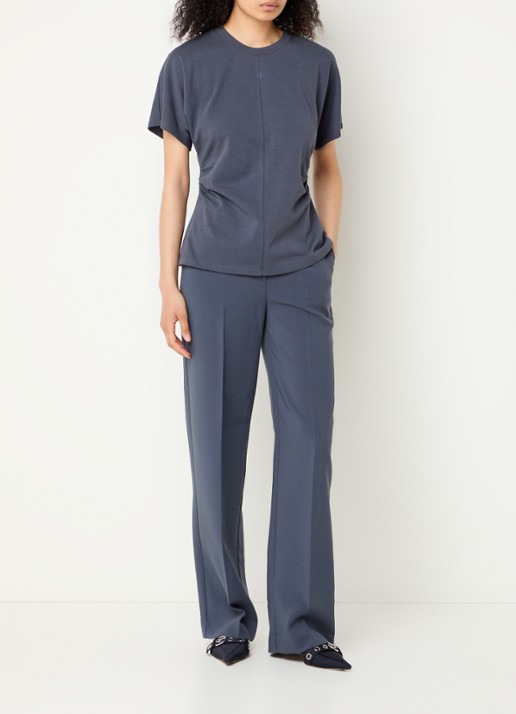 Modström Gale high waist straight fit pantalon met steekzakken en persplooi - voorkant 2 staalblauw