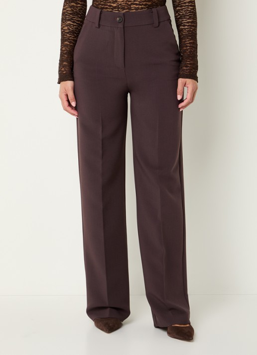 Modström Gale high waist straight fit pantalon met steekzakken en persplooi - detail 2 donkerbruin