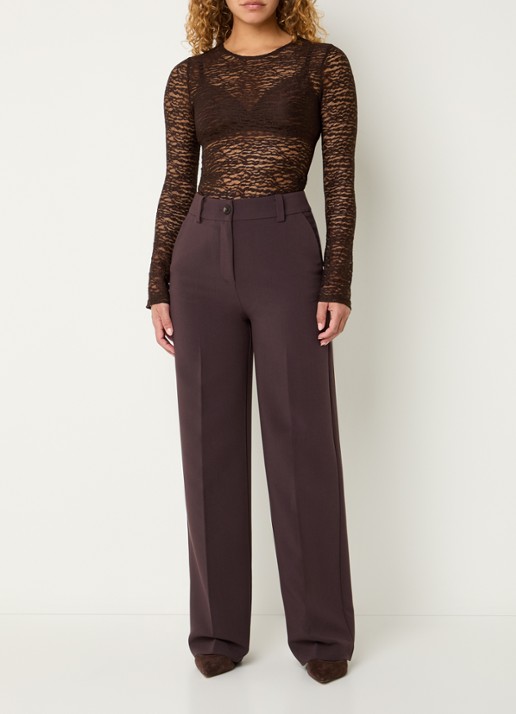 Modström Gale high waist straight fit pantalon met steekzakken en persplooi - voorkant 4 donkerbruin
