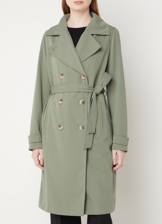 Modström Hiro trenchcoat met dubbele knopenrij en strikceintuur - detail 4 legergroen