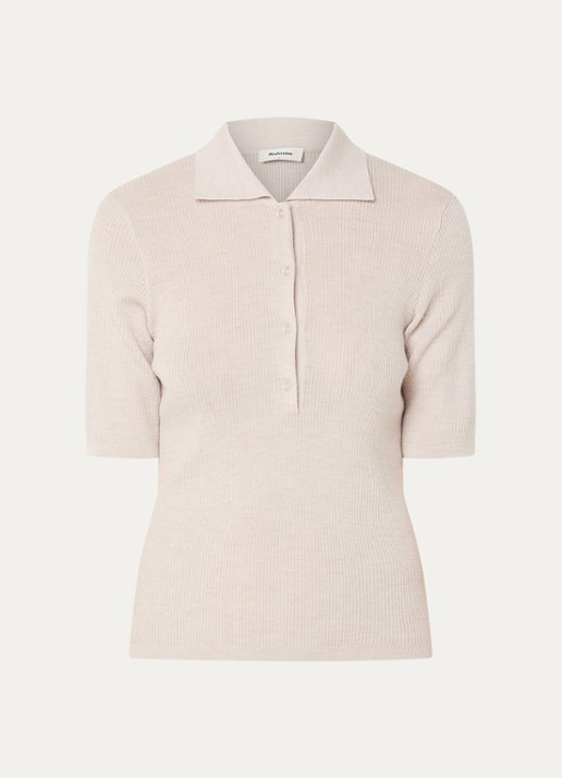 Modström Hiroki ribgebreide top van wol met polokraag - voorkant 2 beige