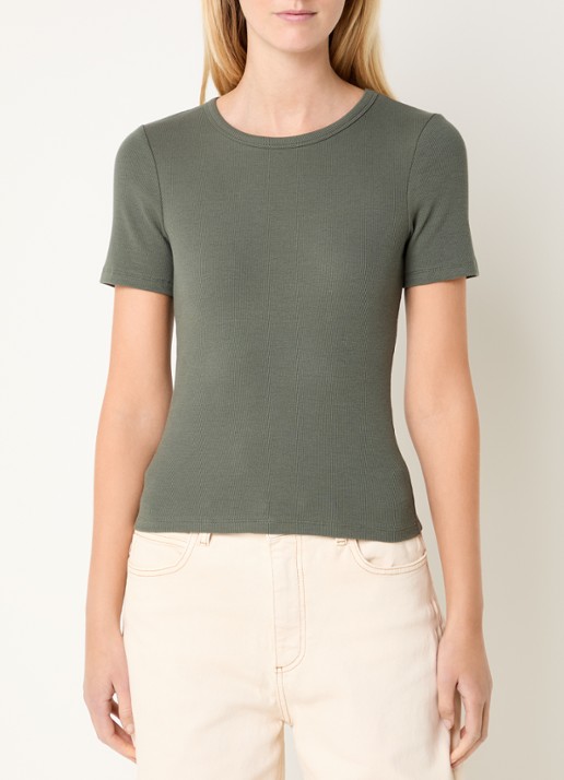 Modström Igor T-shirt met ribstructuur - detail 3 legergroen