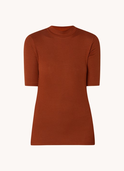Modström Krown T-shirt met ribstructuur - voorkant oranjebruin