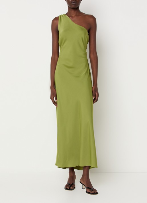 Modström Narcissa one shoulder midi jurk van satijn - detail mosgroen
