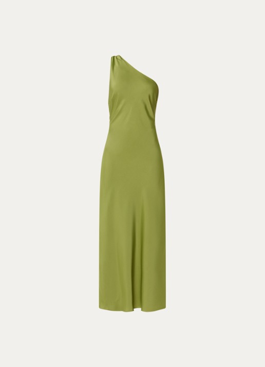 Modström Narcissa one shoulder midi jurk van satijn - voorkant 3 mosgroen
