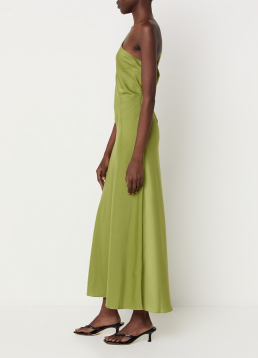 Modström Narcissa one shoulder midi jurk van satijn - voorkant 4 mosgroen