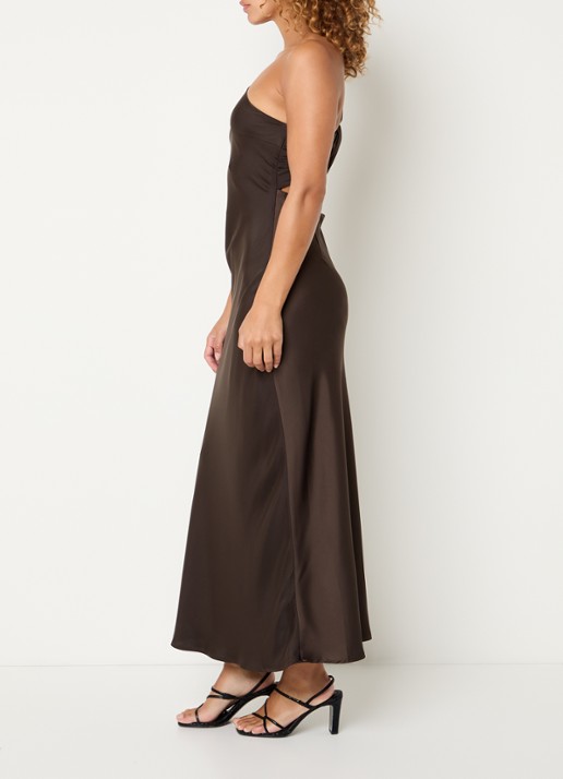 Modström Narcissa one shoulder midi jurk van satijn - achterkant donkerbruin
