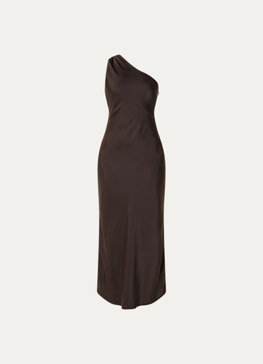 Modström Narcissa one shoulder midi jurk van satijn - voorkant 3 donkerbruin