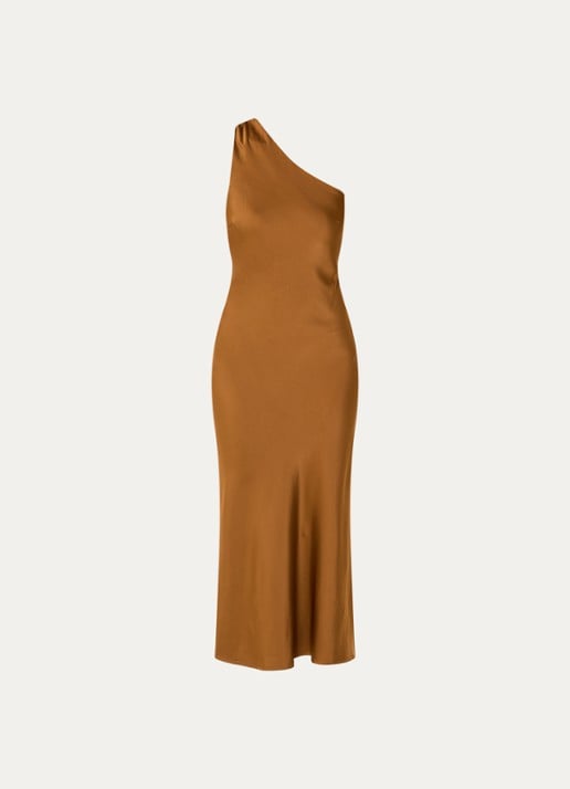 Modström Narcissa one shoulder midi jurk van satijn - voorkant roestbruin