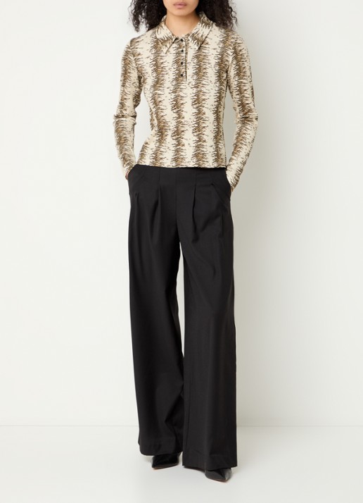 Modström Pilou high waist wide fit pantalon in wolblend met steekzakken - voorkant 2 zwart