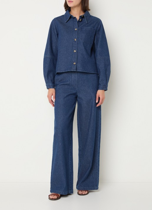 Modström Possym high waist wide leg jeans met elastische band en strikceintuur - voorkant 2 indigo