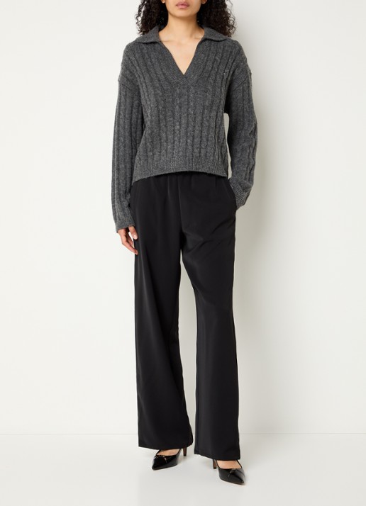 Modström Rise kabelgebreide polo in alpaca wolblend  - voorkant 4 donkergrijs