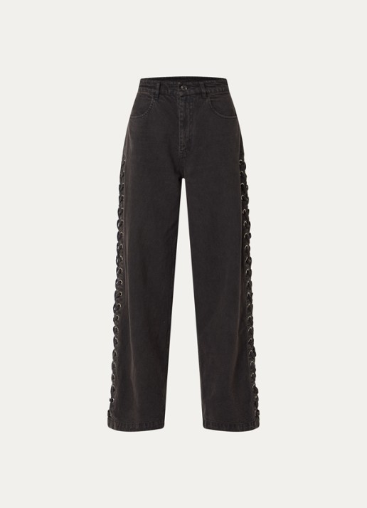 Modström Riya high waist straight leg jeans met rijgdetail - voorkant 3 donkergrijs