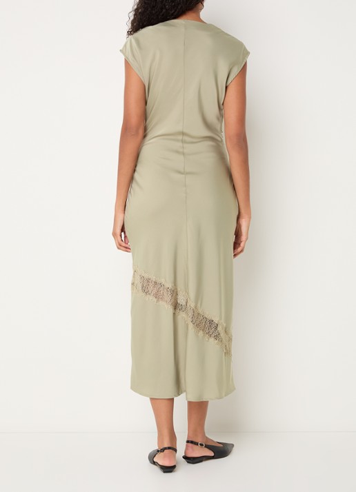 Modström Tailor maxi jurk met watervalhals en details van kant  - achterkant 3 mosgroen
