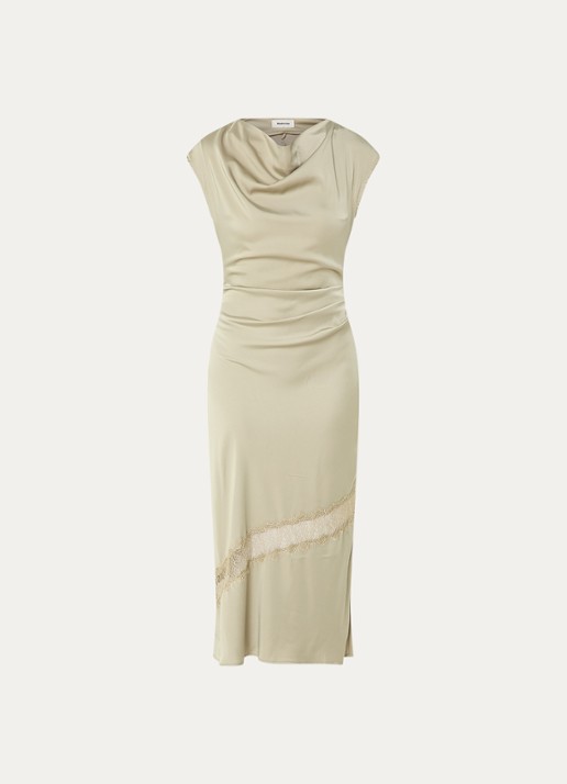 Modström Tailor maxi jurk met watervalhals en details van kant  - voorkant mosgroen