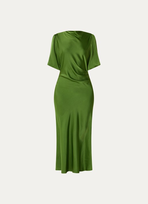 Modström Tailor maxi jurk van satijn met plooidetail - voorkant groen