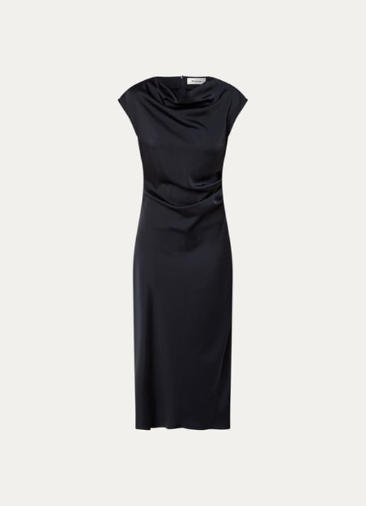 Modström Tailor midi jurk van satijn met split - voorkant donkerblauw