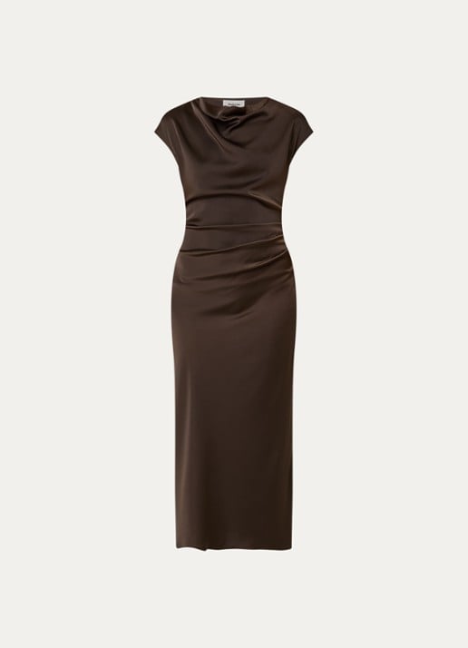 Modström Tailor midi jurk van satijn met split - voorkant 3 seal brown-05508