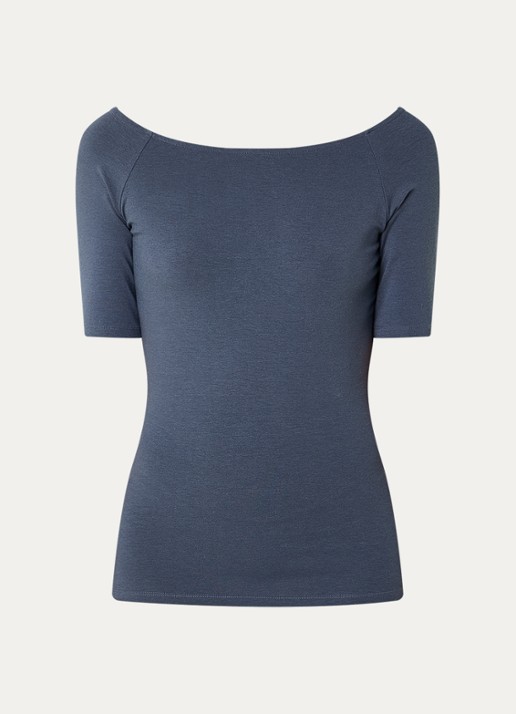 Modström Tansy top met boothals en stretch - voorkant 2 staalblauw