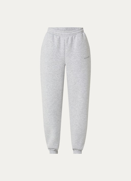 Modström Tia high waist tapered fit joggingbroek met logo en steekzakken - voorkant grijsmele