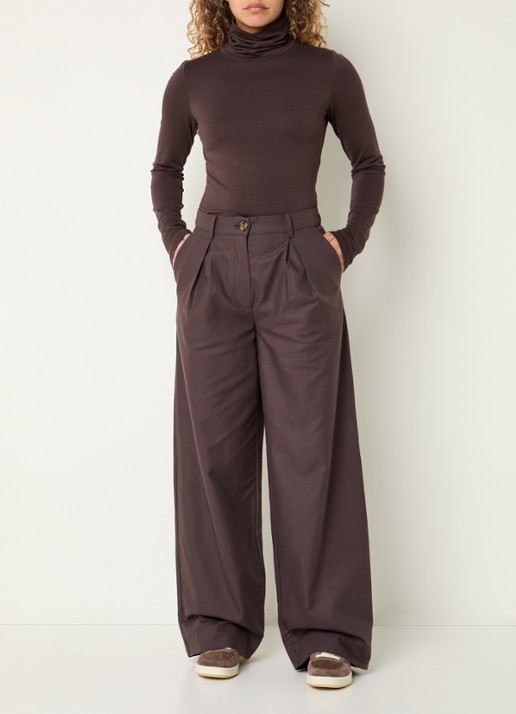 Modström Tore high waist wide fit pantalon met steekzakken - voorkant 3 donkerbruin