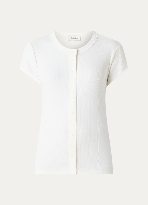 Modström Vilson T-shirt met ribstructuur - voorkant gebroken wit