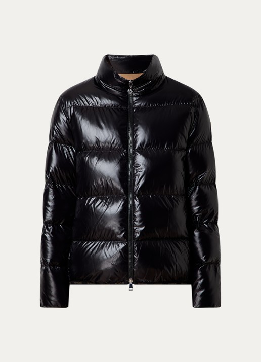 Moncler Abbadia puffer jack met glanzende finish en logo - voorkant zwart