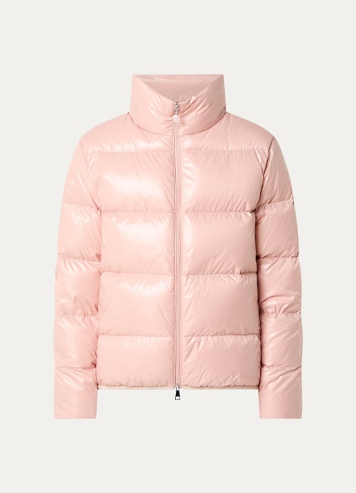 Moncler Abbadia puffer jack met glanzende finish en logo - voorkant oudroze