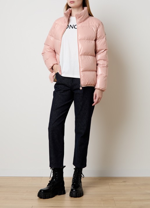 Moncler Abbadia puffer jack met glanzende finish en logo - voorkant 2 oudroze