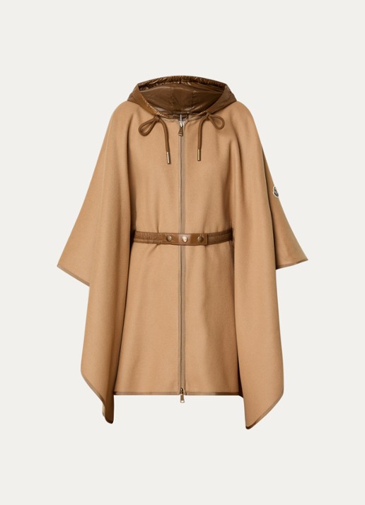 Moncler Cape in wolblend met ceintuur en capuchon - voorkant camel