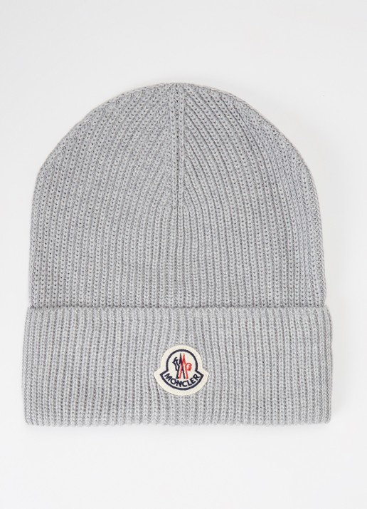 Moncler Classic ribgebreide muts met logo - voorkant grijs