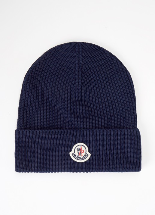 Moncler Classic ribgebreide muts met logo - voorkant donkerblauw