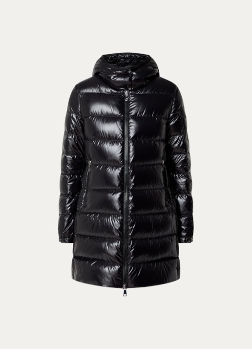 Moncler Courcelle longline puffer jas met glanzende finish en logo - voorkant zwart