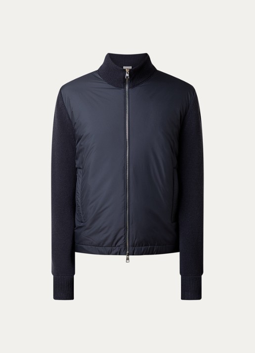 Moncler Fijngebreid vest in scheerwolblend met gewatteerd voorpand met donsvulling - voorkant 5 donkerblauw