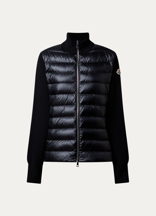 Moncler Fijngebreid vest van scheerwol met gewatteerd voorpand en donsvulling - voorkant zwart