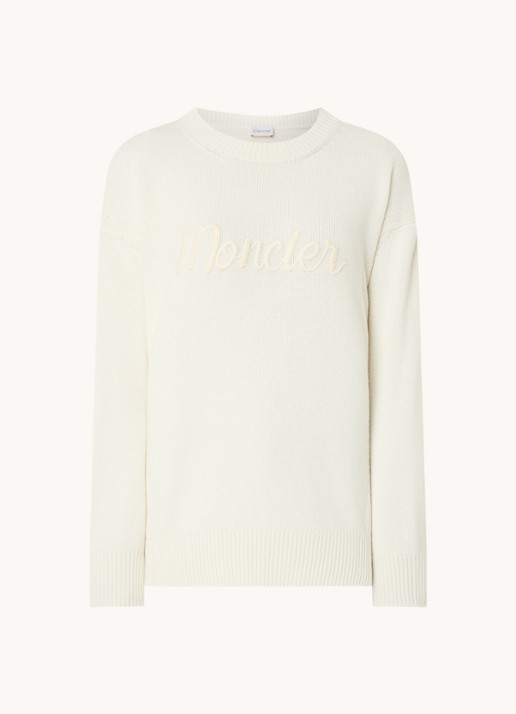 Moncler Fijngebreide pullover in kasjmierblend met logoborduring - voorkant 3 gebroken wit