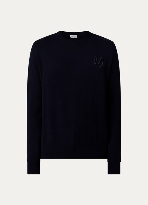 Moncler Fijngebreide pullover met logoborduring - voorkant donkerblauw