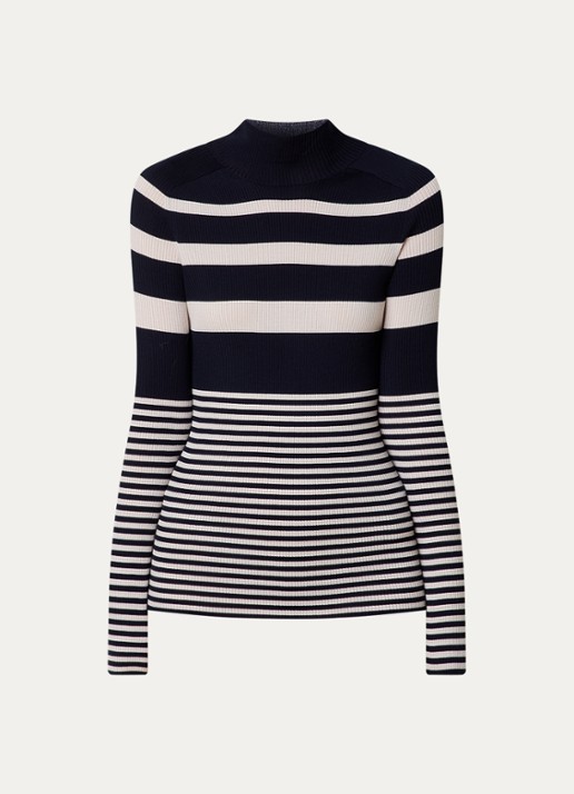 Moncler Grofgebreide coltrui van scheerwol met streepprint - voorkant 4 donkerblauw