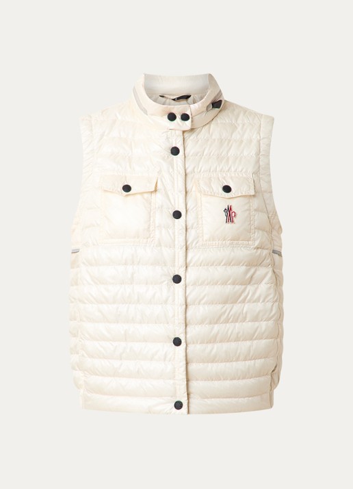 Moncler Gumiane gewatteerde bodywarmer met donsvulling en opbergbare capuchon - voorkant creme
